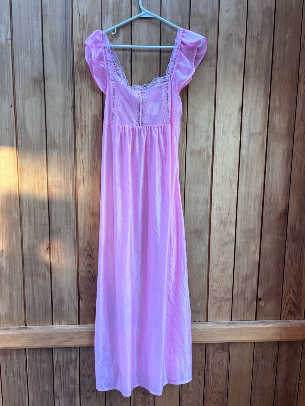 Vintage Pink Maxi Nightgown Flutter Sleeve Lace Empire Waist Size M